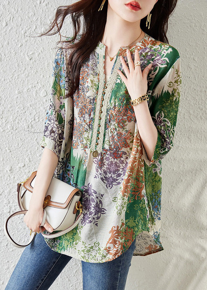 French Green V Neck Print Chiffon Shirts Summer