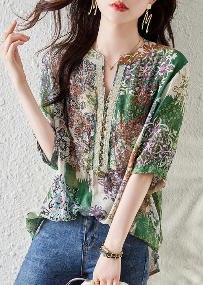 French Green V Neck Print Chiffon Shirts Summer