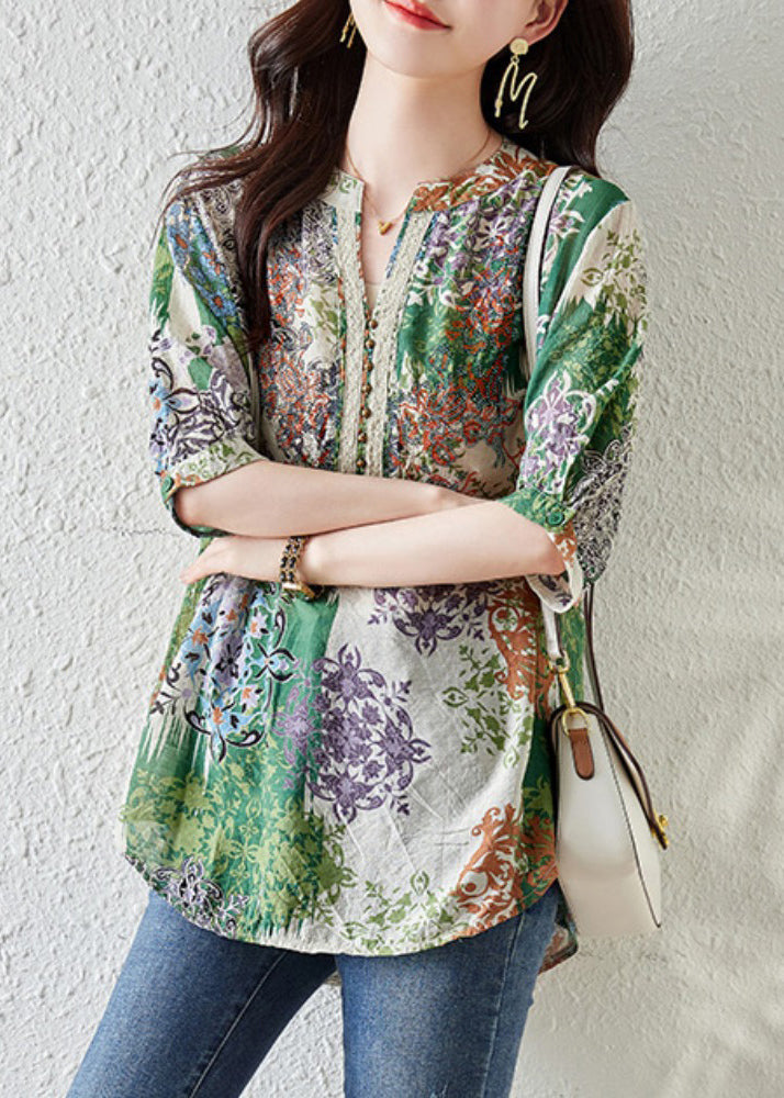 French Green V Neck Print Chiffon Shirts Summer