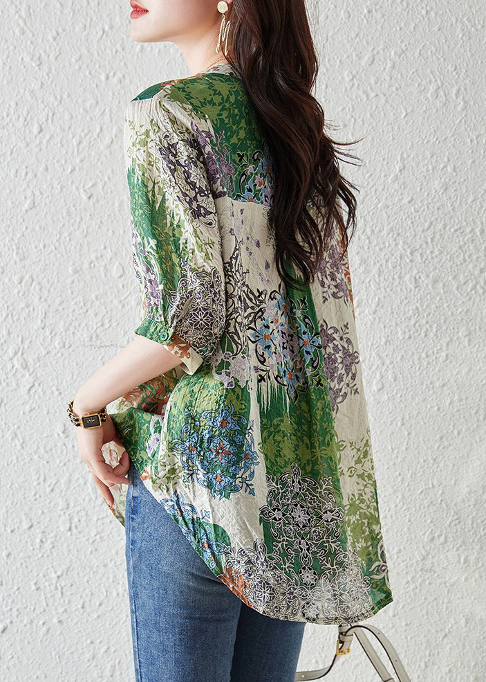 French Green V Neck Print Chiffon Shirts Summer