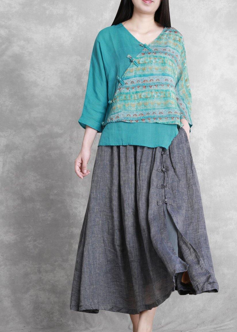 French Grey Elastic Waist Oriental Summer Linen Skirt