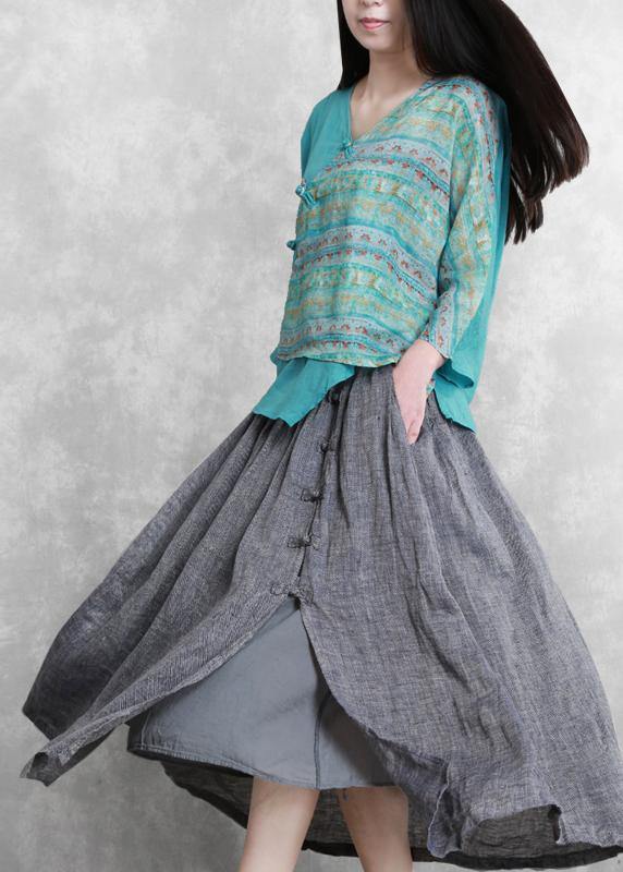 French Grey Elastic Waist Oriental Summer Linen Skirt