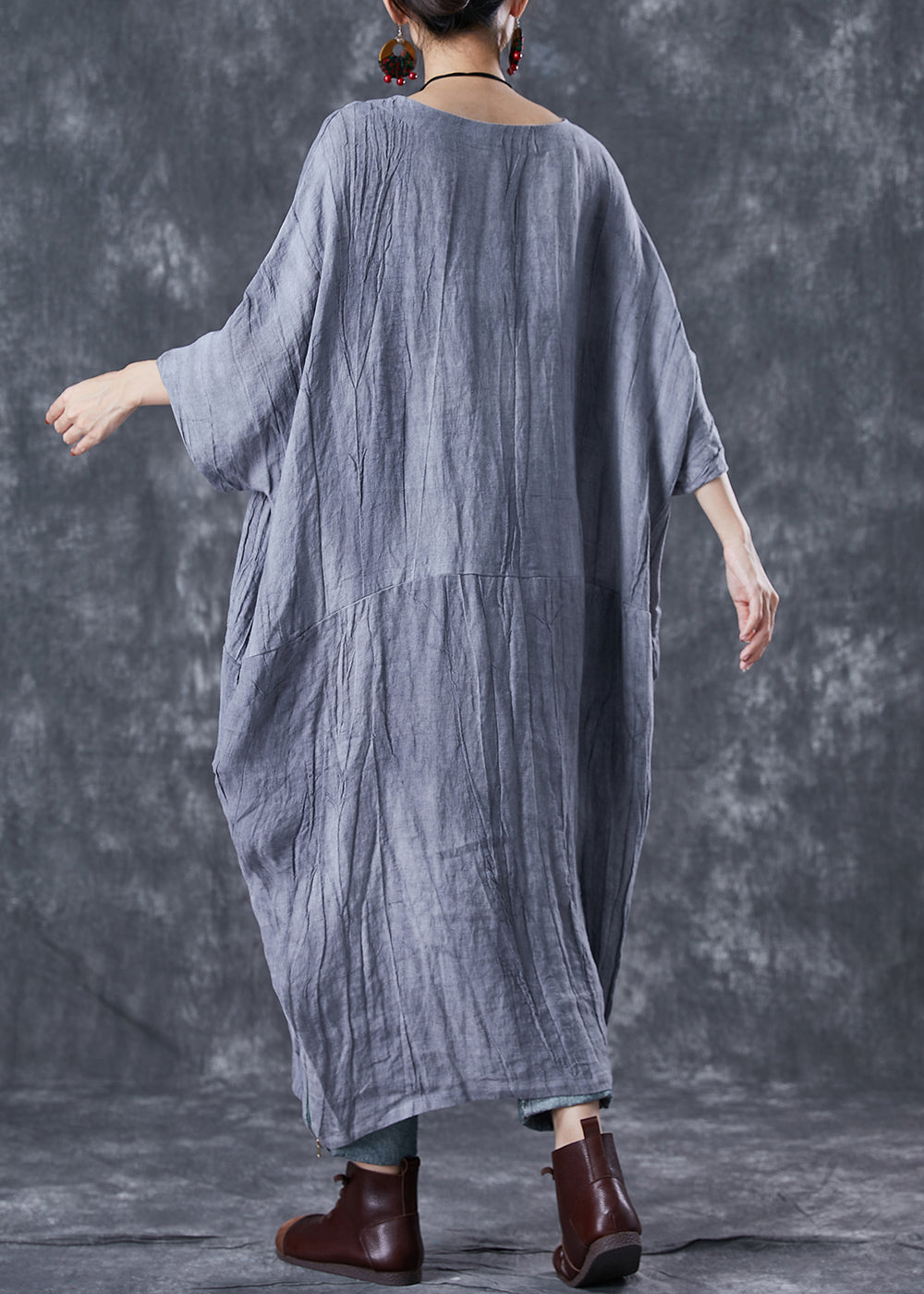 French Grey Oversized Patchwork Linen Dresses Batwing Sleeve