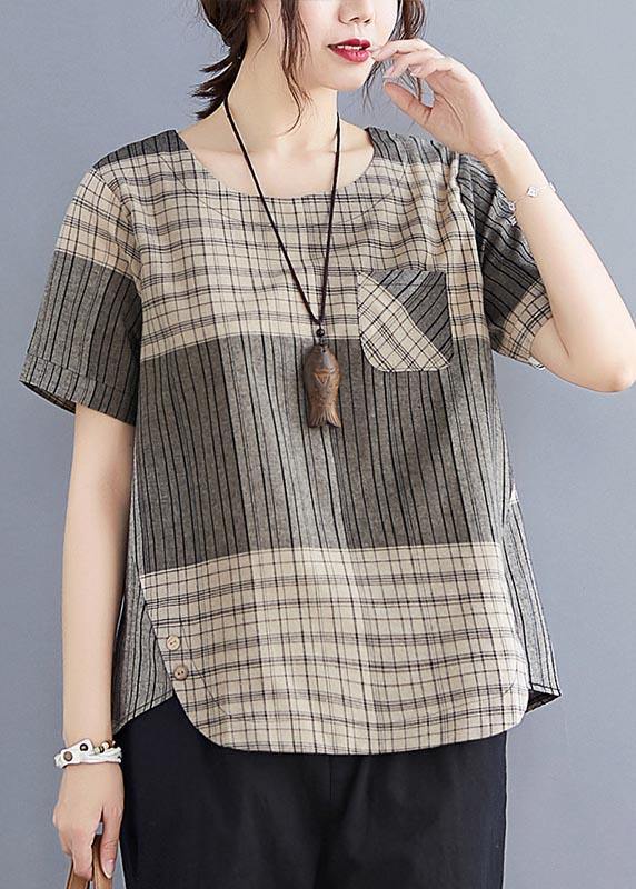 French Grey Plaid asymmetrical design Cotton Linen Blouse Top Summer