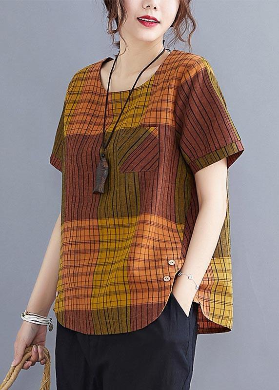 French Grey Plaid asymmetrical design Cotton Linen Blouse Top Summer