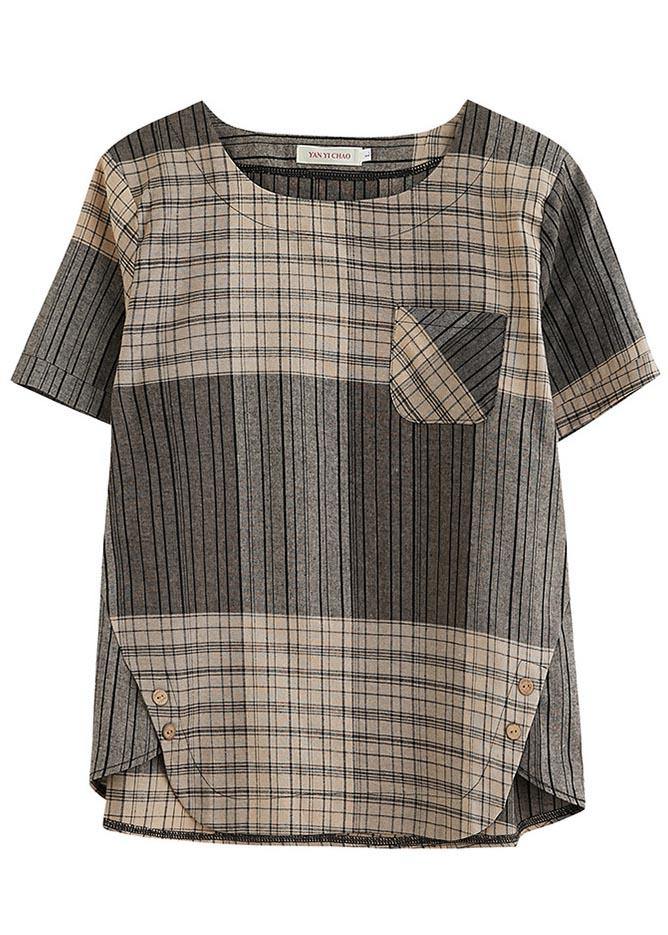 French Grey Plaid asymmetrical design Cotton Linen Blouse Top Summer