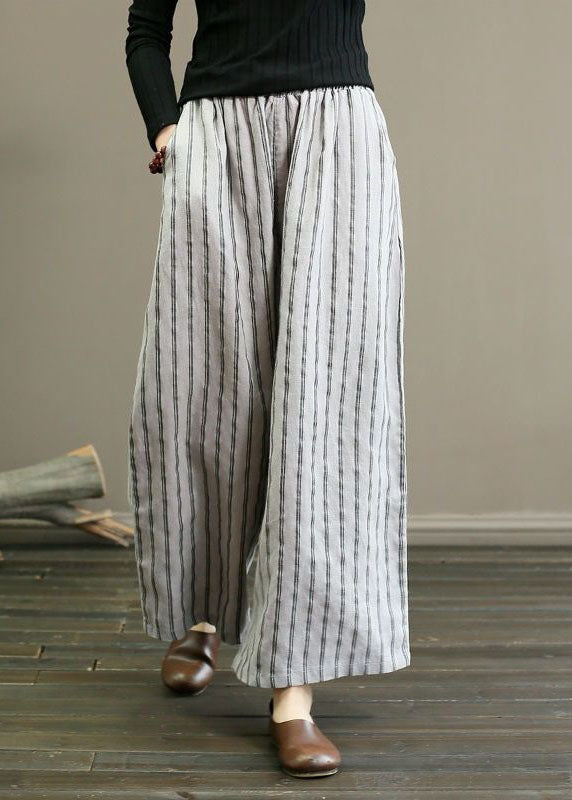 French Grey Pockets Striped Linen Straight Pants Summer