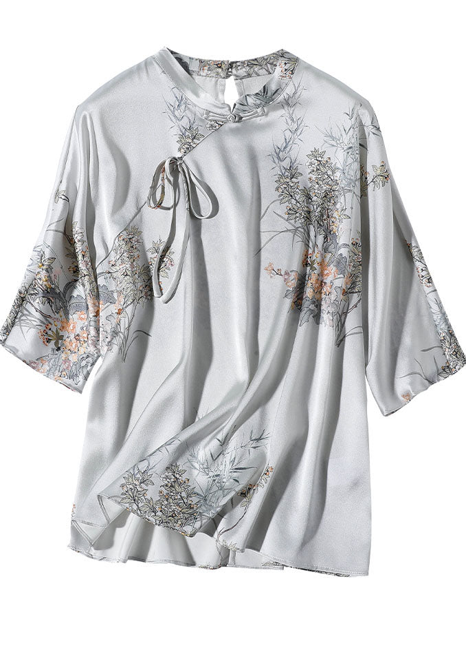 French Grey Stand Collar Oriental Silk Shirt Top Half Sleeve