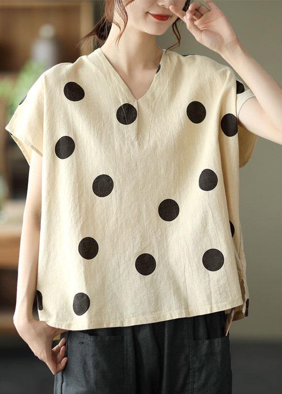 French Khaki V Neck Dot Summer Linen Shirt Top