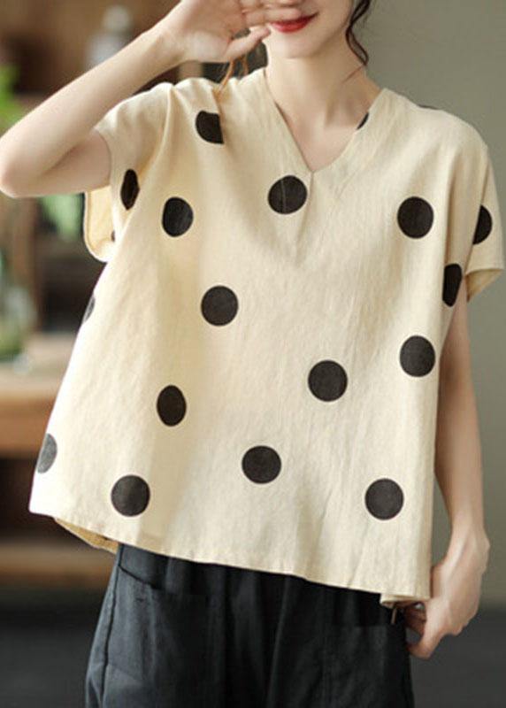 French Khaki V Neck Dot Summer Linen Shirt Top