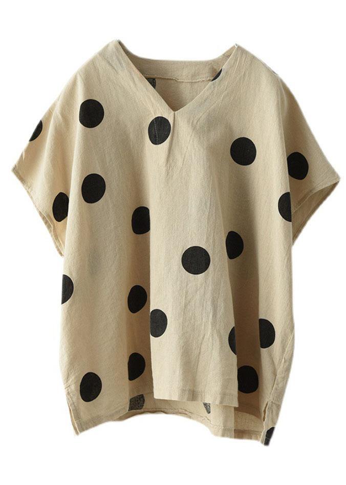 French Khaki V Neck Dot Summer Linen Shirt Top