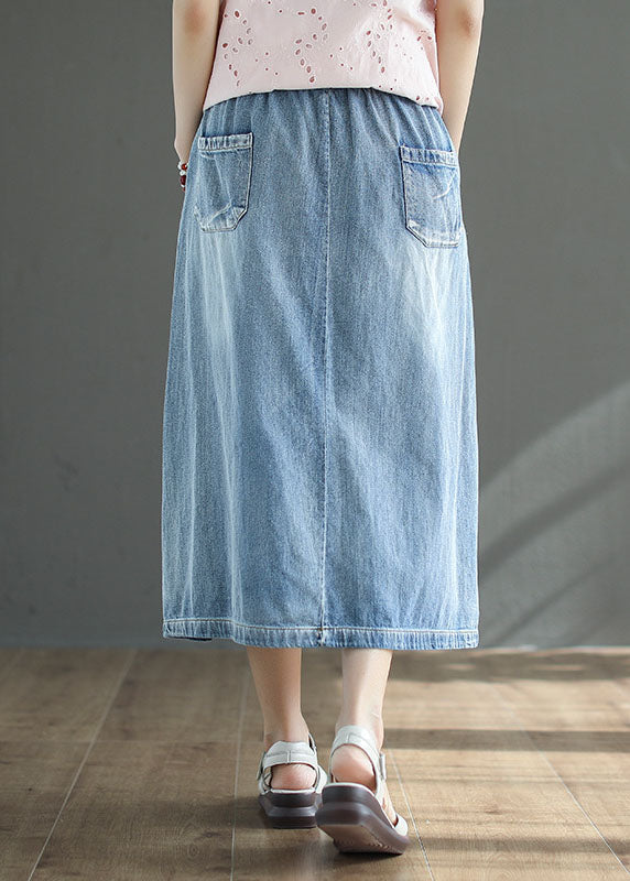 French Light Blue High Waist Drawstring Print Cotton Denim Skirts Summer