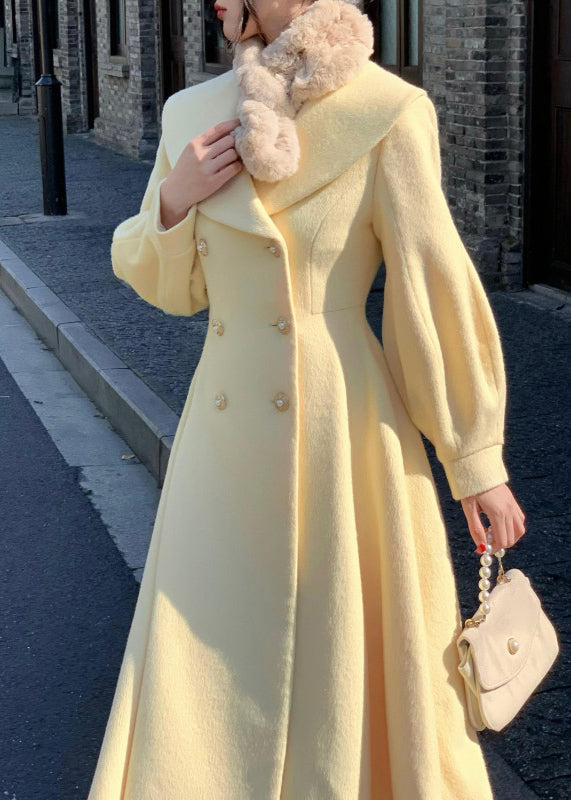 French Light Yellow Peter Pan Collar Double Breast Woolen Coat Spring