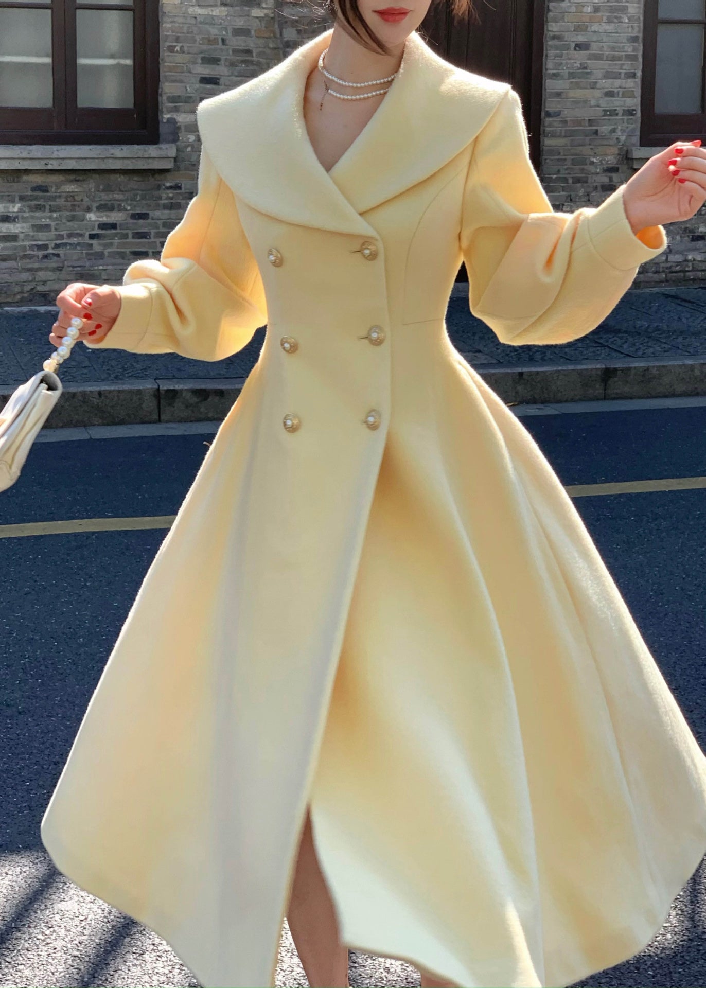 French Light Yellow Peter Pan Collar Double Breast Woolen Coat Spring