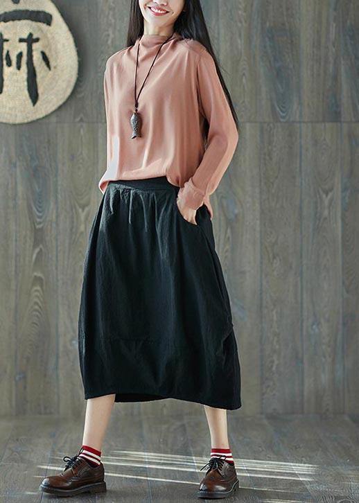 French Black Elastic Waist lantern Cotton Linen Skirt Summer