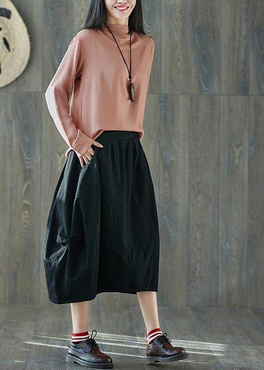 French Black Elastic Waist lantern Cotton Linen Skirt Summer