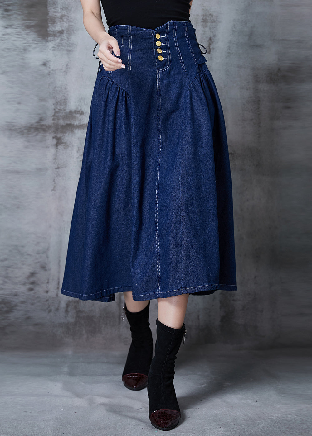 French Navy High Waist Wrinkled Denim Skirts Fall