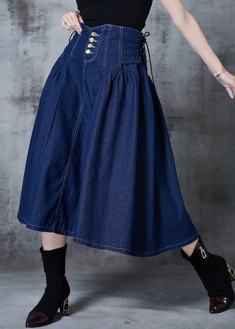 French Navy High Waist Wrinkled Denim Skirts Fall