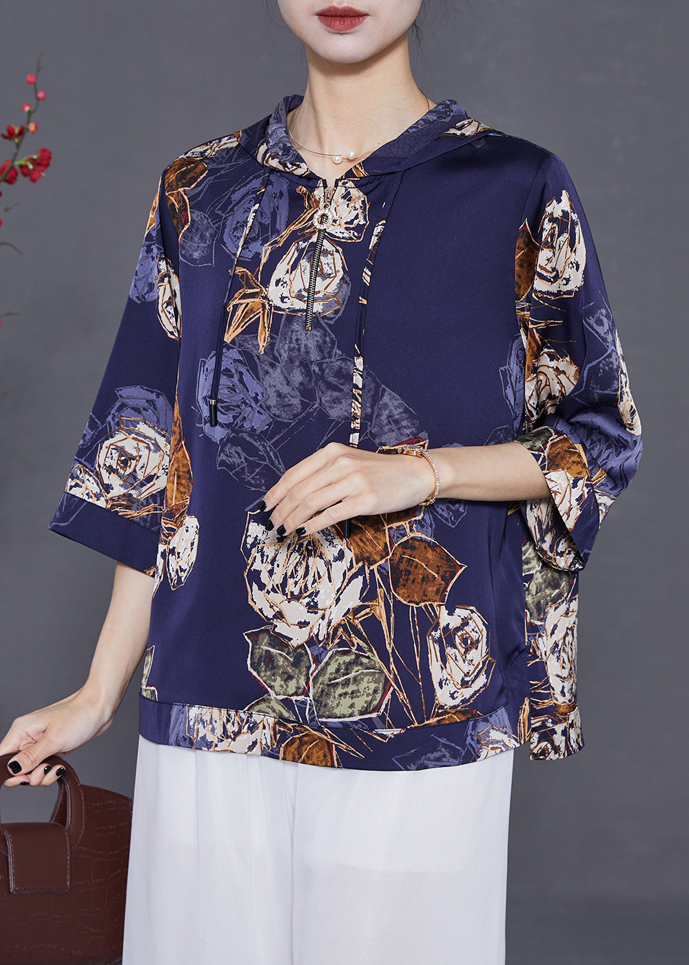 French Navy Hooded Print Silk Shirts Bracelet Sleeve