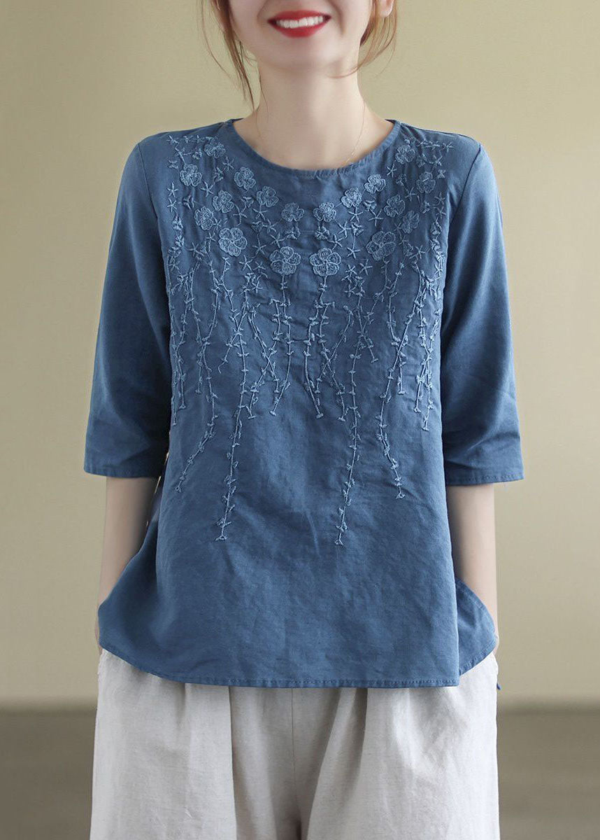 French Print5 O-Neck Embroideried Cotton Blouses Half Sleeve