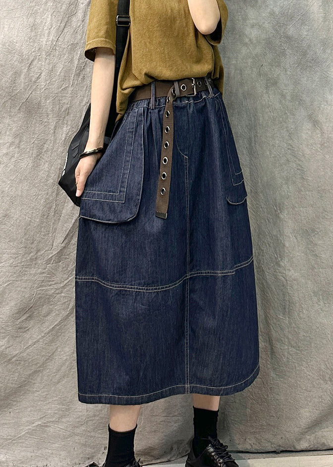 French Navy Pockets Patchwork Denim Straight Skirt Summer