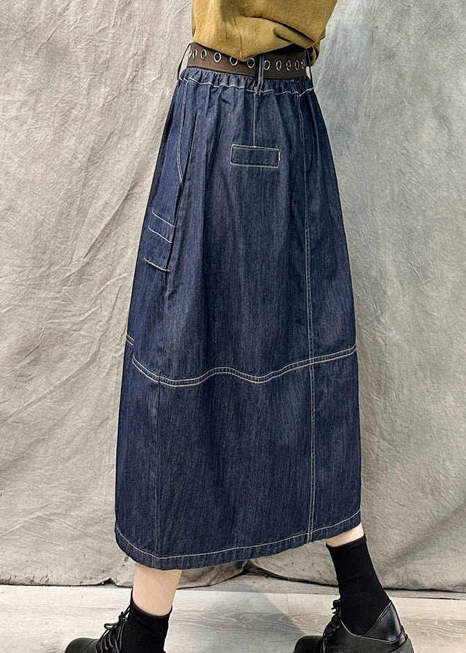 French Navy Pockets Patchwork Denim Straight Skirt Summer