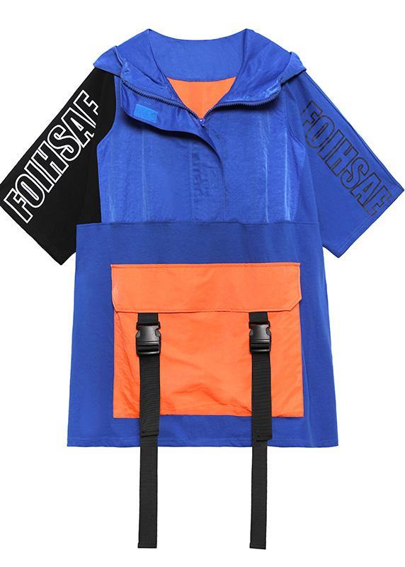 French Navy Spring hooded Patchwork Tops Half Sleeve