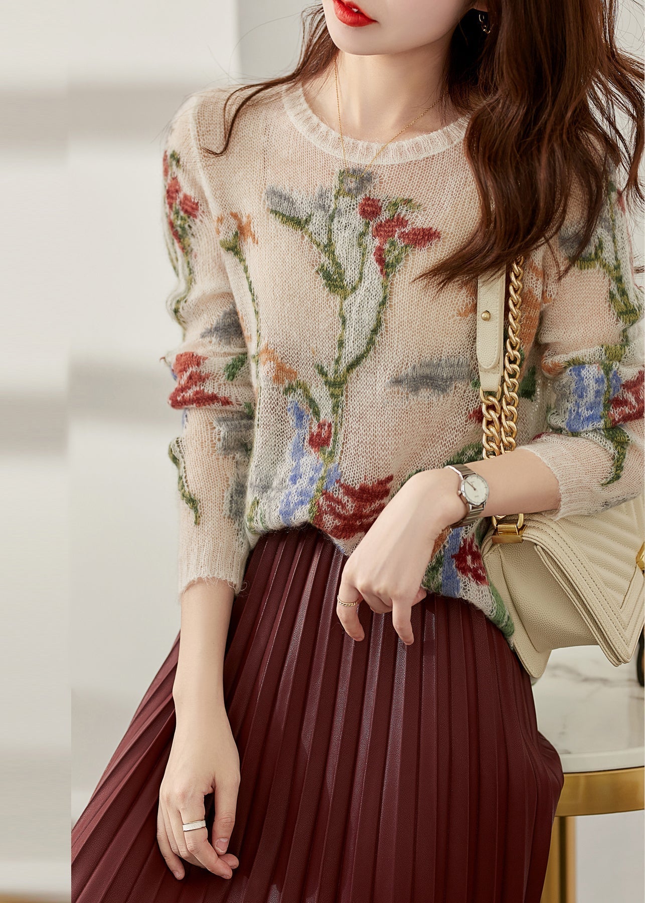 French O-Neck Floral Hollow Out Knit Sweaters Spring