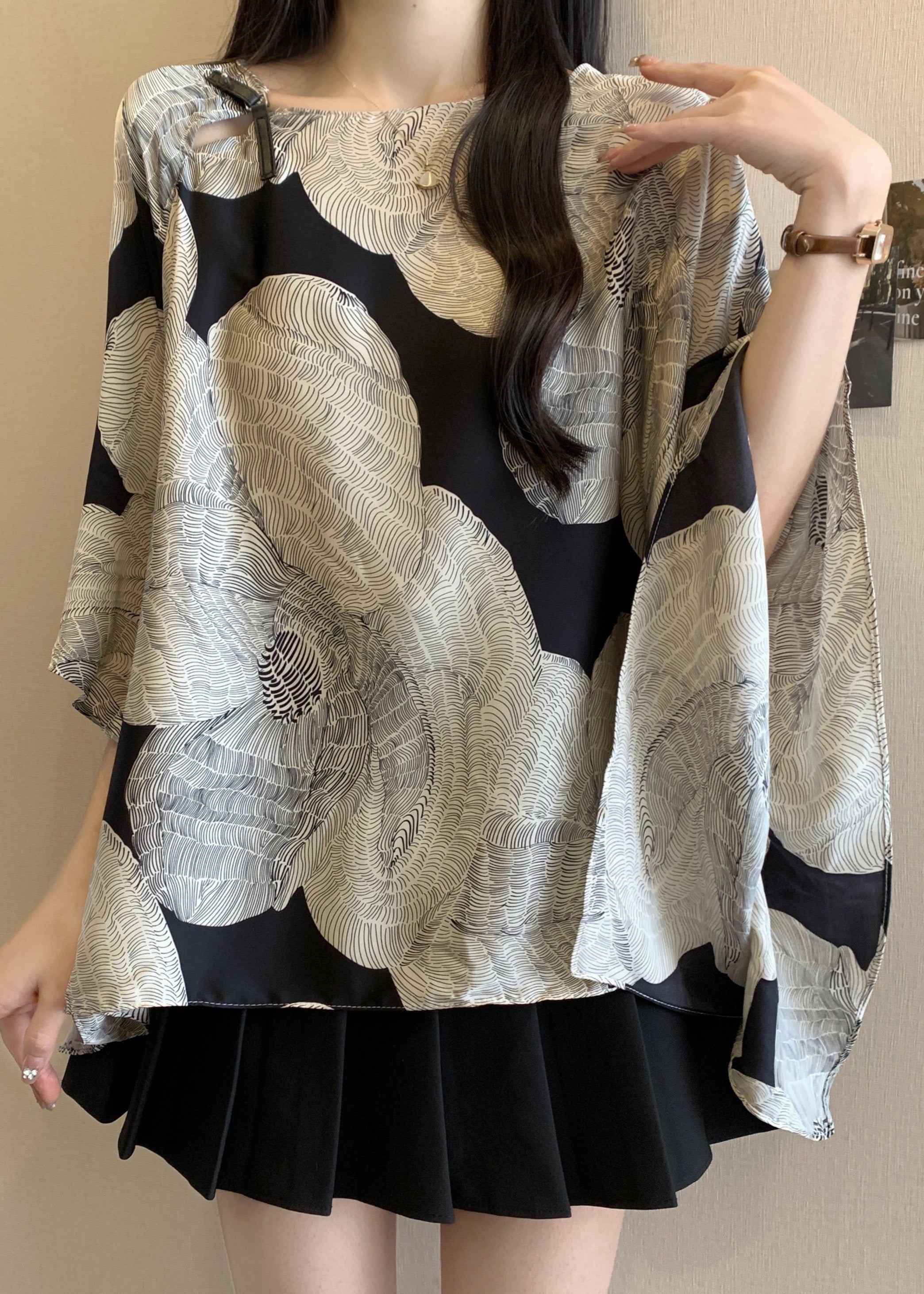 French O-Neck Print Batwing Sleeve Shirt Top