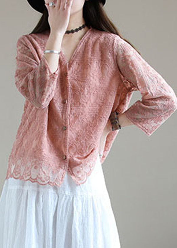 French Pink Embroideried Cotton Loose Cardigans Long Sleeve