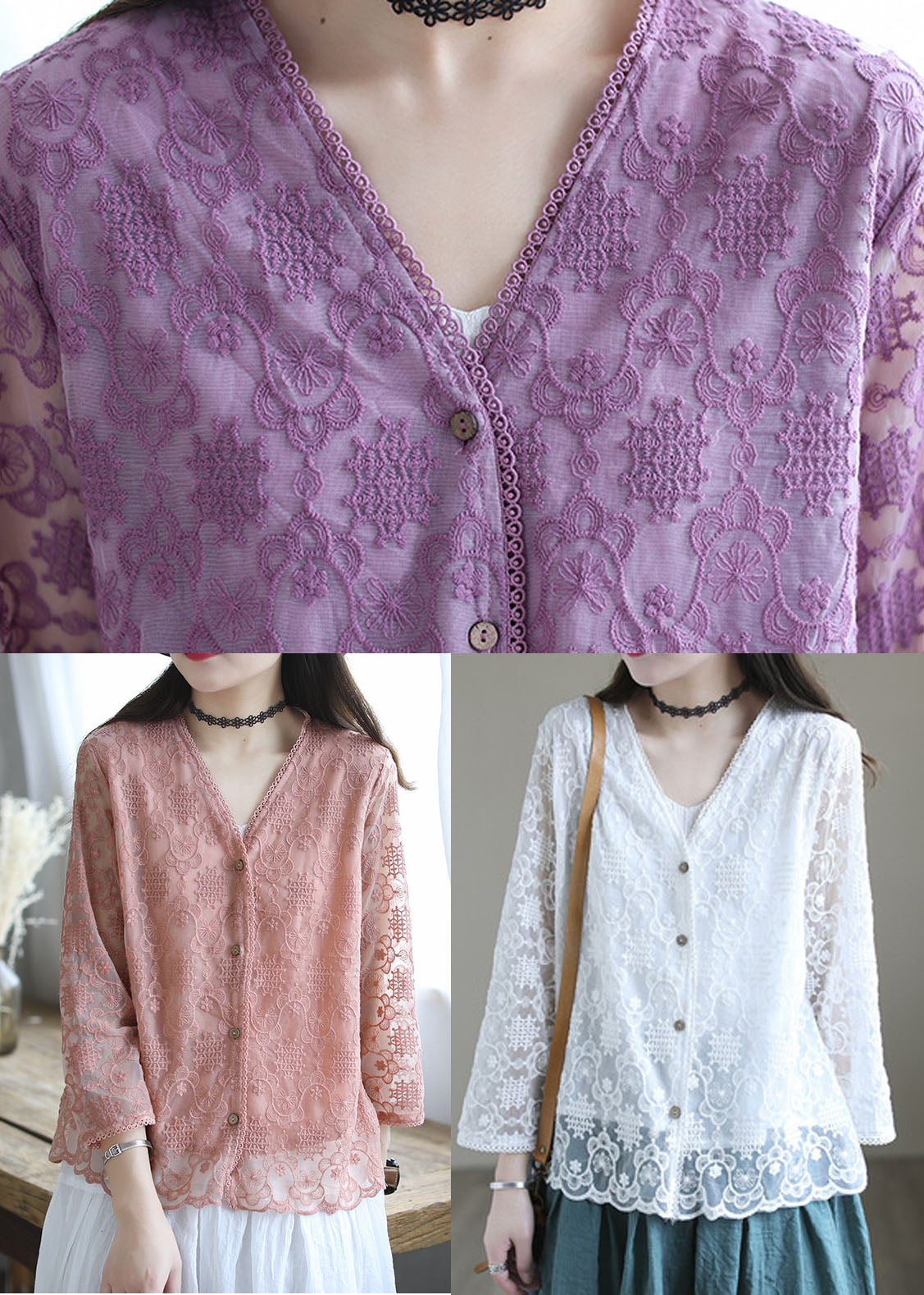 French Pink Embroideried Cotton Loose Cardigans Long Sleeve