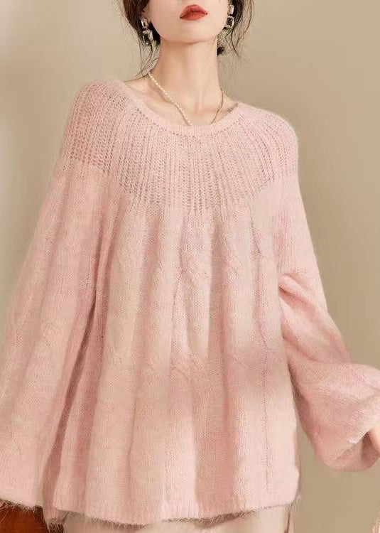 French Pink O Neck Hollow Out Knitted Sweaters Tops Spring