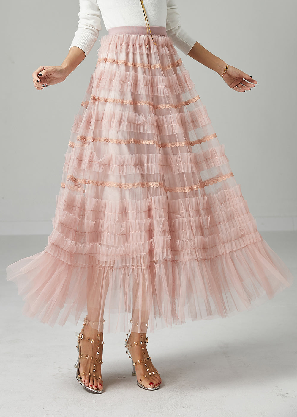 French Pink Ruffled Exra Large Hem Tulle Skirt Fall