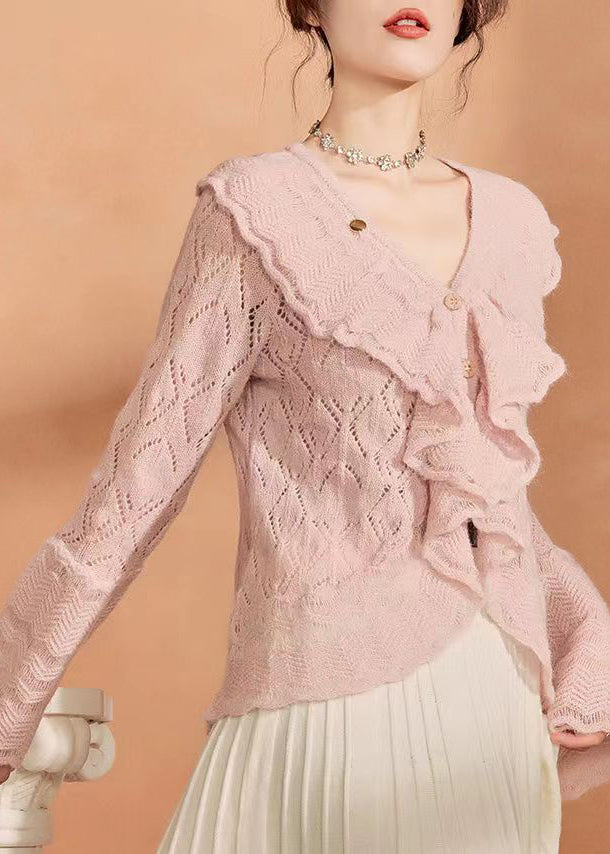 French Pink Ruffled Hollow Out Knit Sweaters Flare Sleeve