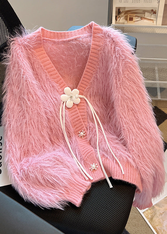 French Pink V Neck Tassel Mink Hair Knitted Cardigan Spring