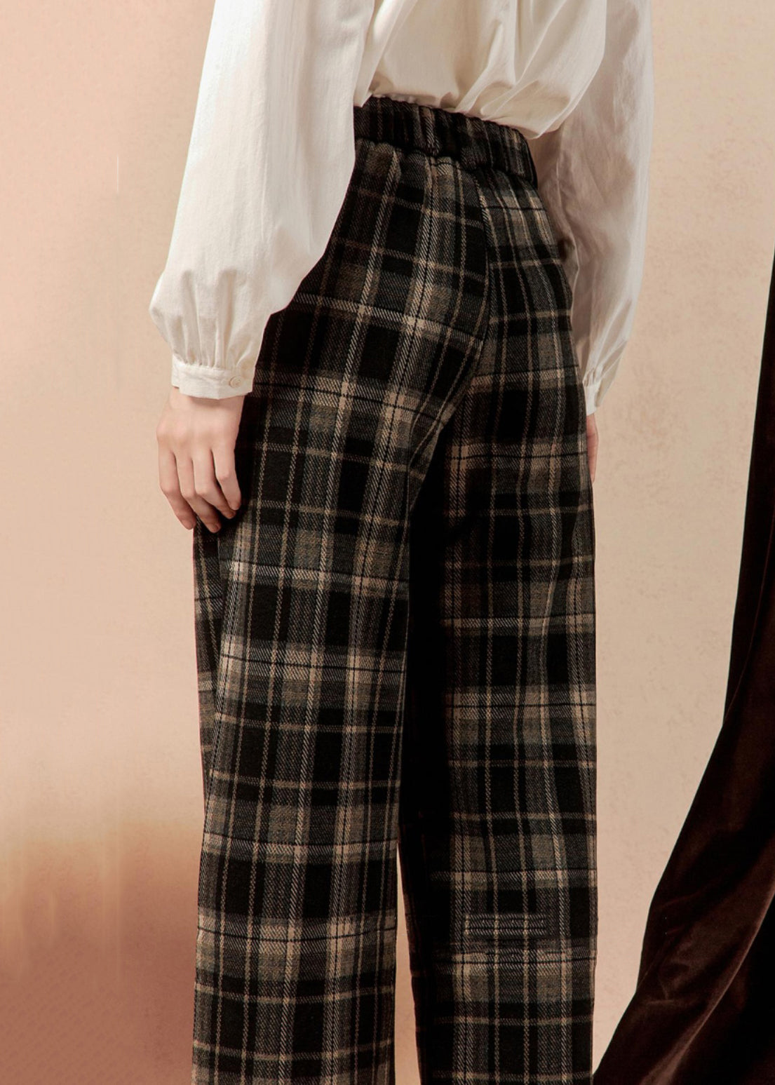 French Plaid Pockets High Waist Cotton Pants Spring