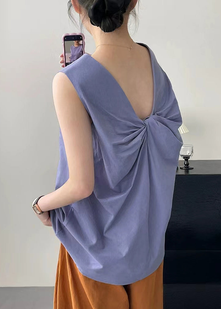 French Purple O Neck Bow Cotton Top Sleeveless