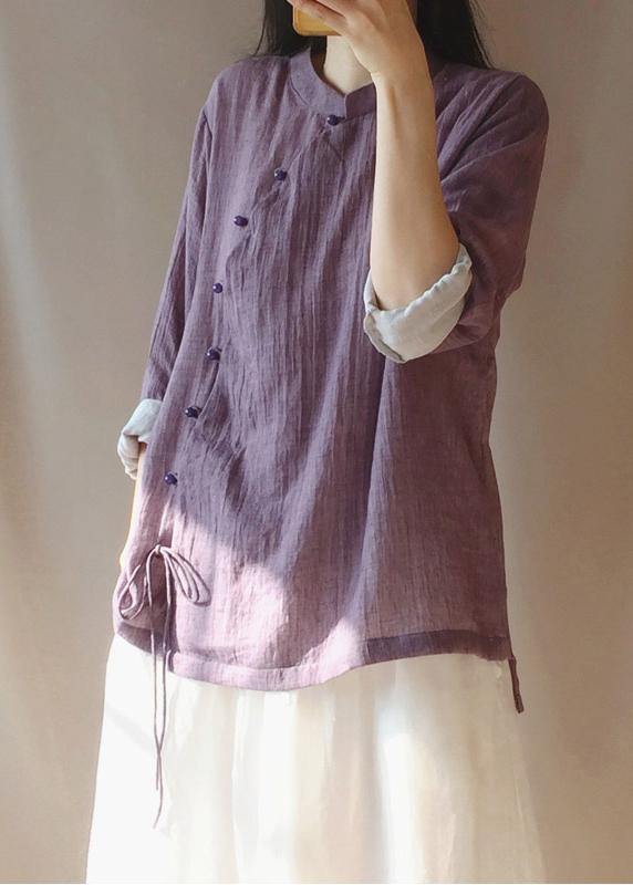 French Purple Tops Women Blouses Stand Collar Button Down Clothing Blouse