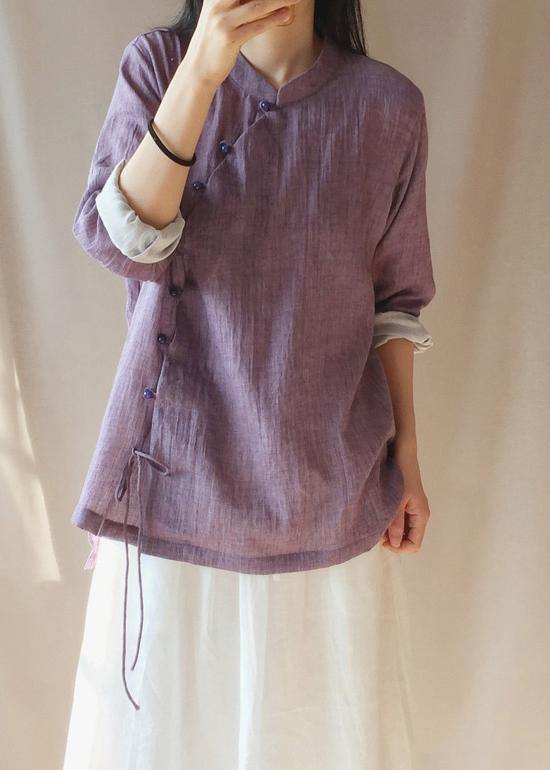 French Purple Tops Women Blouses Stand Collar Button Down Clothing Blouse