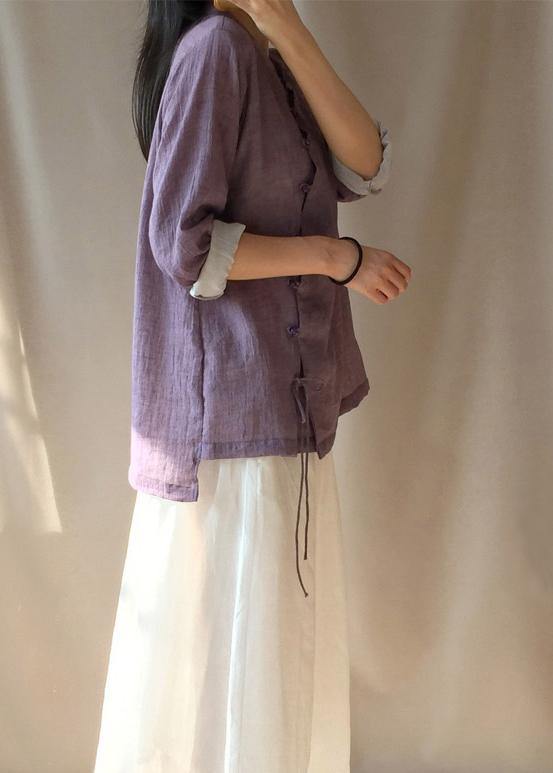 French Purple Tops Women Blouses Stand Collar Button Down Clothing Blouse