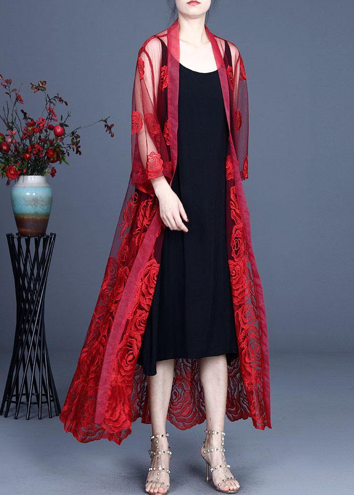 French Red Embroideried Tulle Cardigan Long