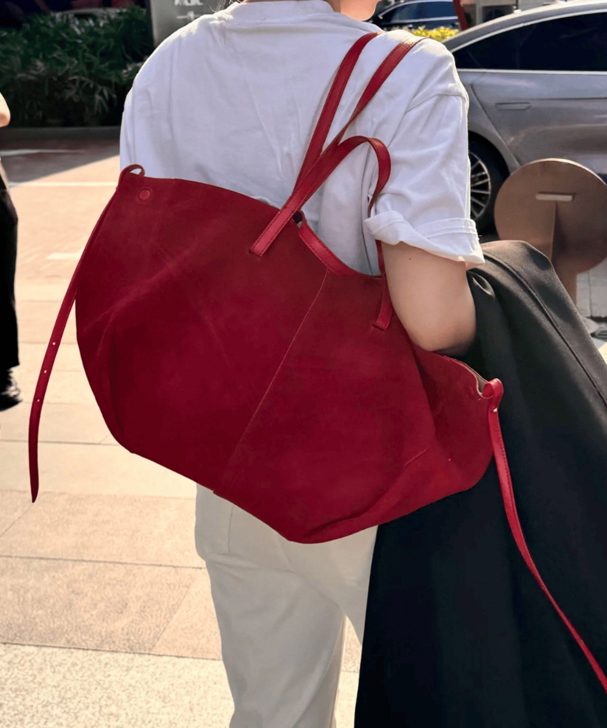 French Red Large Capacity Faux Leather Satchel Handbag