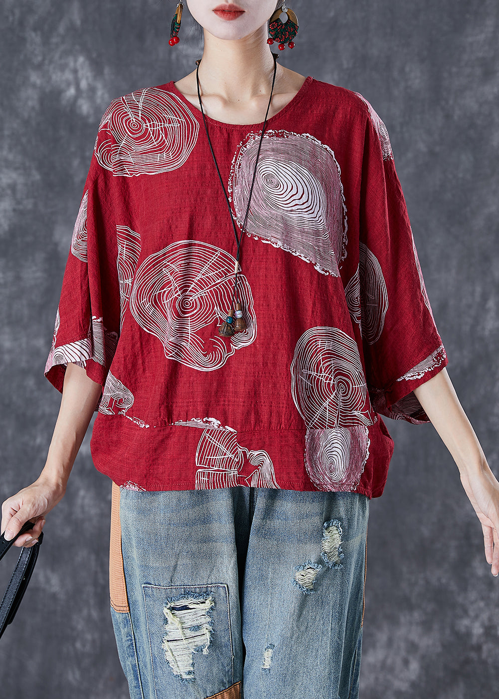 French Red Oversized Print Cotton Top Batwing Sleeve