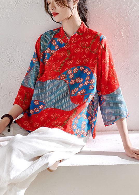 French Red Print Button Summer Ramie Shirt Tops