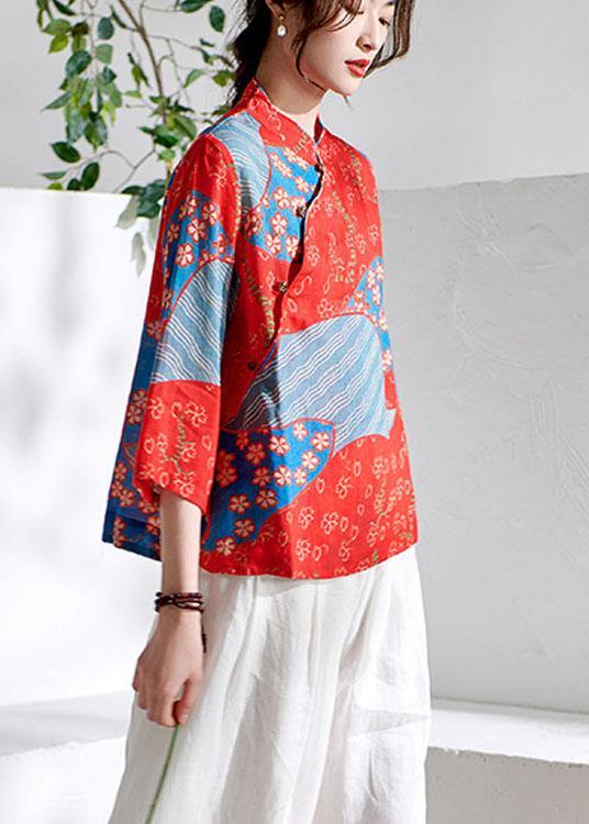 French Red Print Button Summer Ramie Shirt Tops