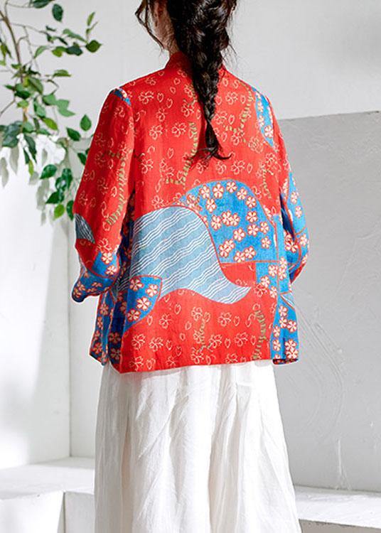 French Red Print Button Summer Ramie Shirt Tops