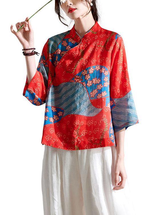 French Red Print Button Summer Ramie Shirt Tops