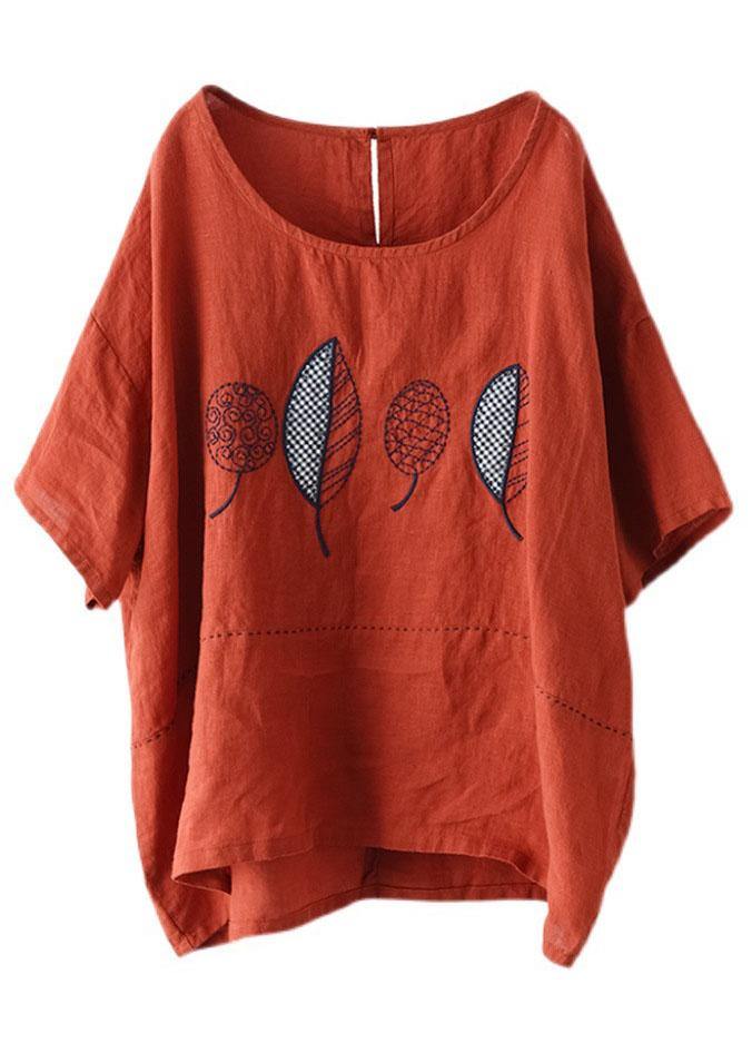 French Red Summer O-Neck Embroideried Linen Half Sleeve T Shirt