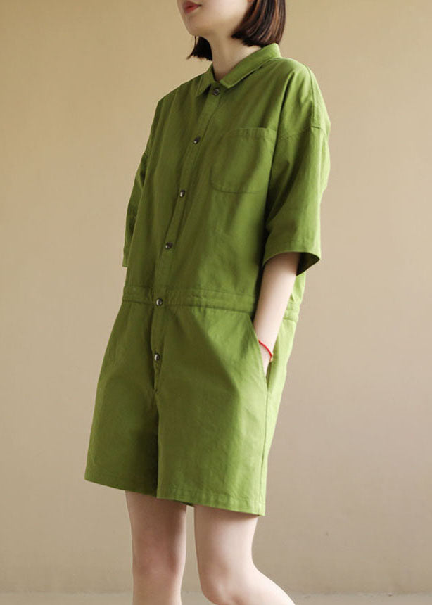 French Solid Green Button Peter Pan Collar Pocket Cotton Jumpsuit Half Sleeve