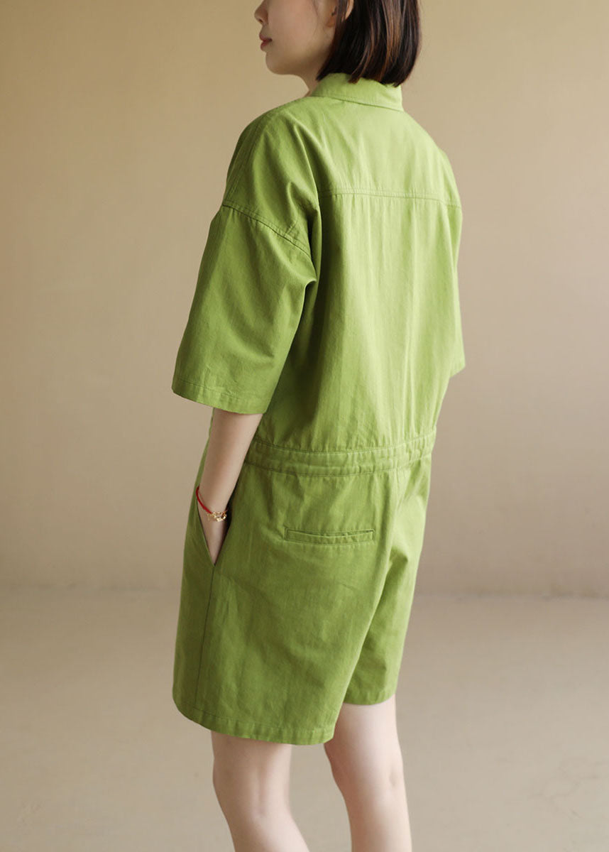 French Solid Green Button Peter Pan Collar Pocket Cotton Jumpsuit Half Sleeve